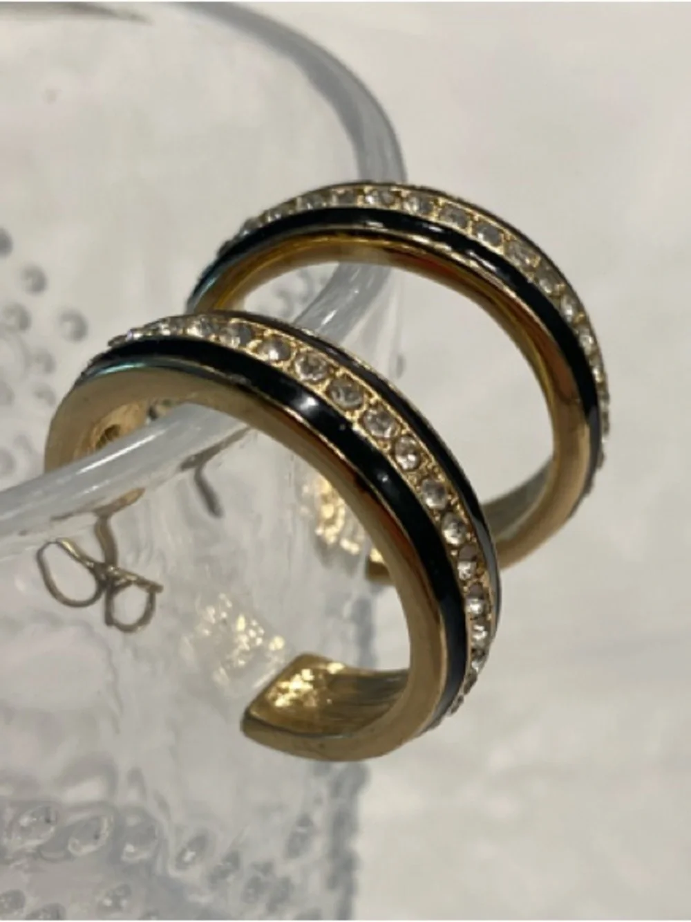 Gold Navy Enamel Rhinestone Hoop Earrings Medium - Picture 4 of 12